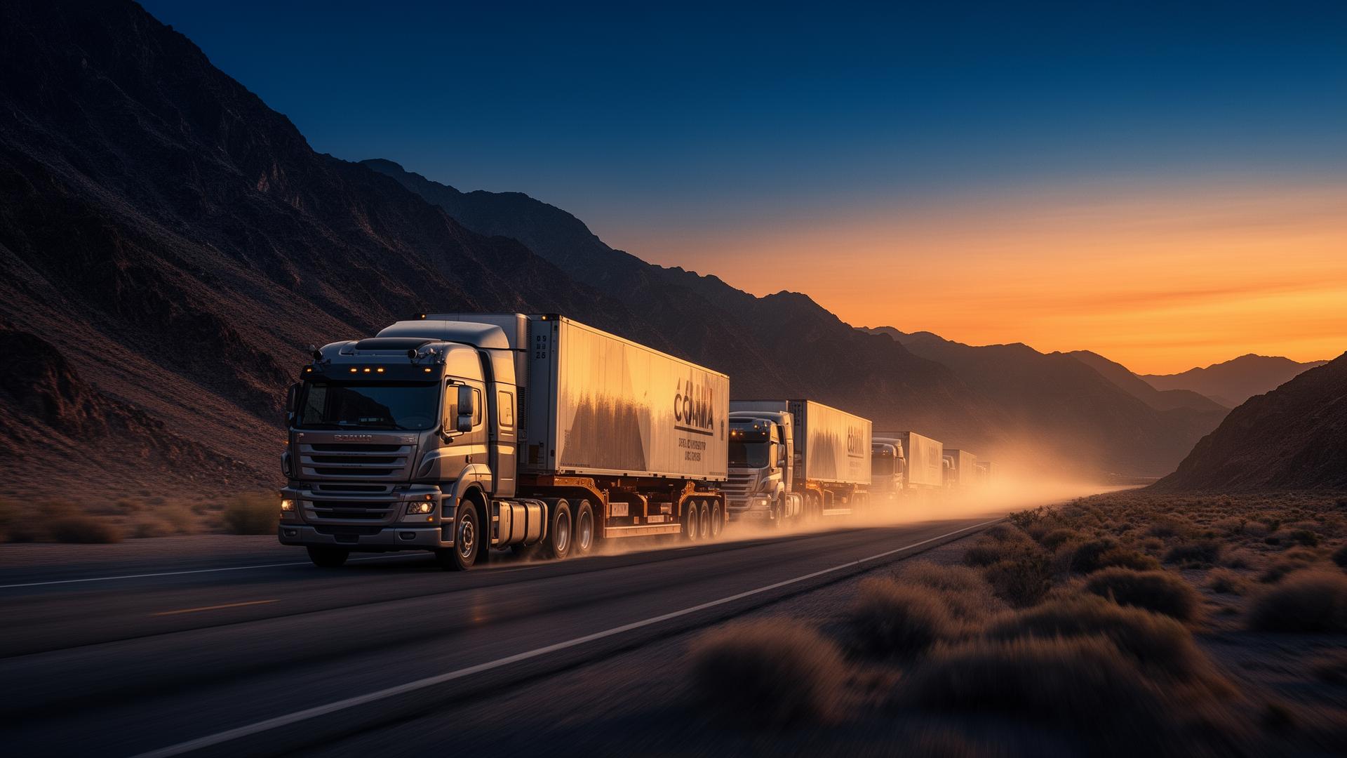 Convoy of cargo trucks crossing a mountain route at golden hour